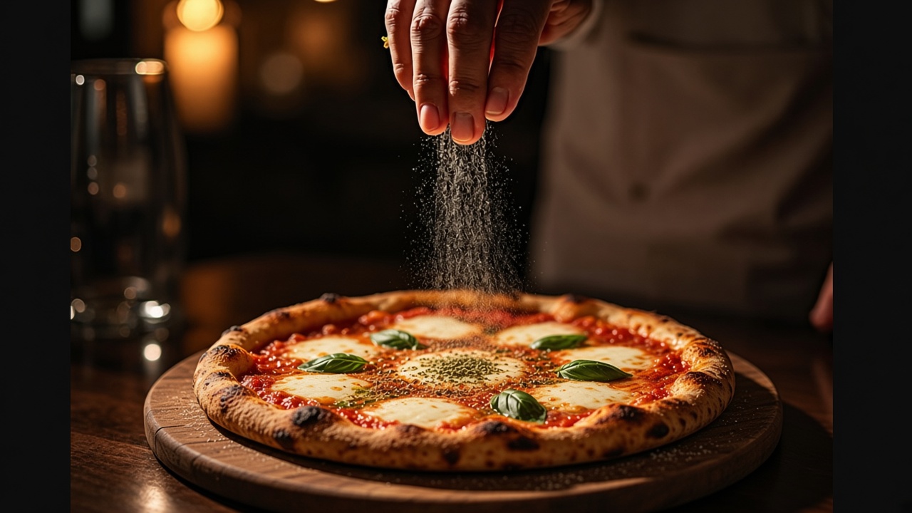 Ruka posipa pizzu na dasci